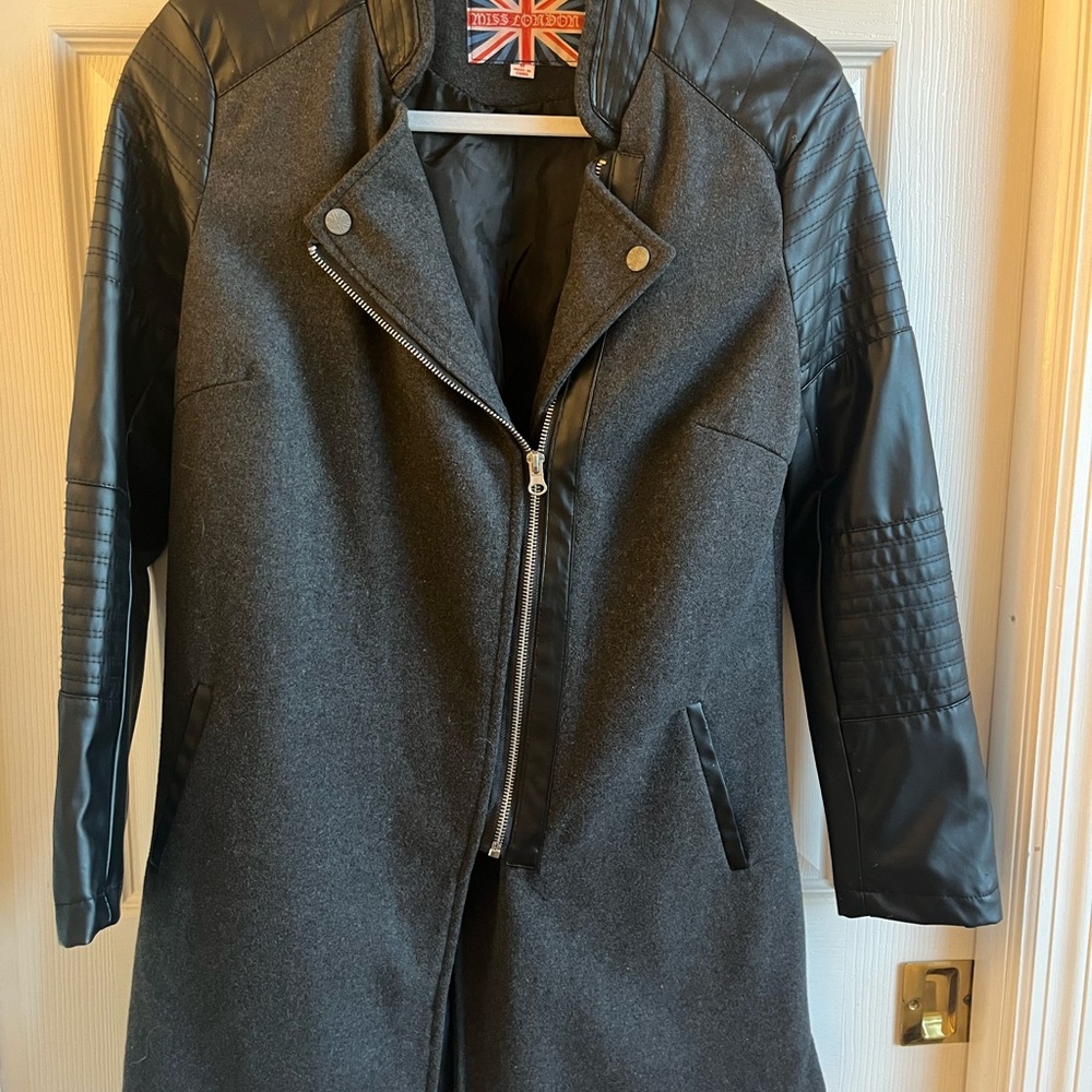 Miss London | Gray Jacket with Pleather Arms & Details